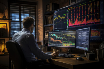 A person analyzing stock market trends on multiple screens, representing financial investments and trading. Generative Ai.