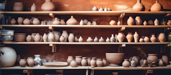 Potter s studio with clay pottery Small business entrepreneurship hobby handmade - obrazy, fototapety, plakaty