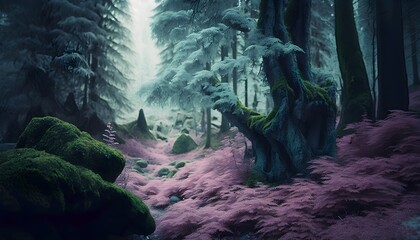 Primeval forest with moss made of cotton candy in the style of Sleepy Hollow and The Sound of Music 35mm lens f18 luminous 