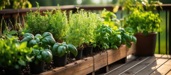 Herbs and plants thrive on wooden balcony representing small veggie garden - obrazy, fototapety, plakaty