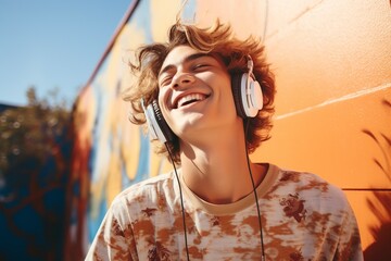 carefree gay teenager enjoying listening to his favorite song - obrazy, fototapety, plakaty