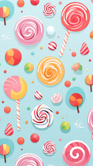 Seamless pattern with colorful cute candy, light blue background