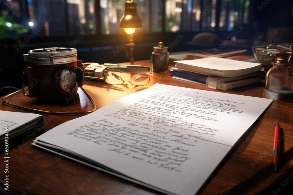 Poster a movie script with annotations and notes, representing the creative process of screenwriting. gener