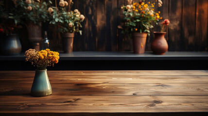 old table and flower on it - obrazy, fototapety, plakaty