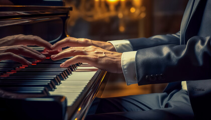 Pianist playing piano at event. piano hands of elegant man. man playing piano - obrazy, fototapety, plakaty
