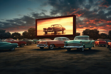 Fototapeta na wymiar A vintage drive-in theater screen with classic cars, recalling the nostalgia of outdoor cinema. Generative Ai.