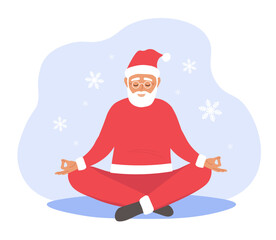 Fototapeta na wymiar Modern Santa Claus sits in the lotus position, doing yoga against the backdrop of snowflakes. Vector flat graphics.