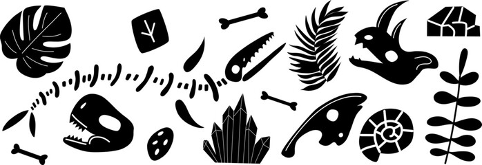 Dinosaur skeleton and fossils. Dinosaur bones, rocks, footprints, plants and eggs. Black and white illustration