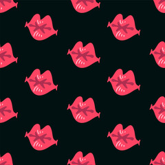 vector valentine mouth chup seamless pattern on black.