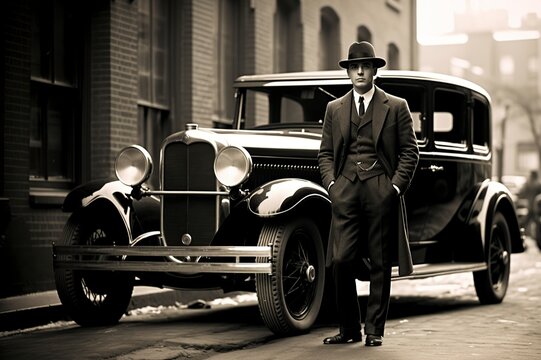 monochrome photo, men with hat and coat standing next to a car