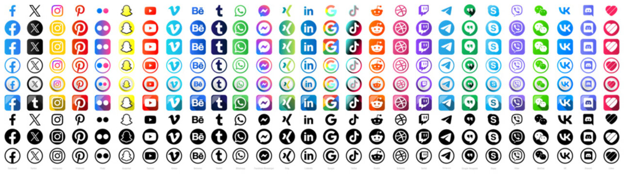 Recke, Germany - September 22, 2023: Social media icons vector set collection. Facebook, Twitter, Instagram, Tiktok, Whatsapp, Pinterest, Youtube, Xing, Google, Telegram, Discord, Linkedin