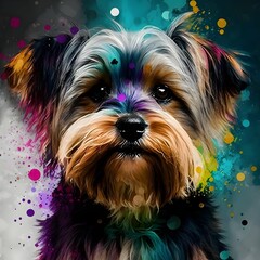 painted modern art picture of a color splashed cute littel dog a mix between a malteser and yorkshire terrier cavas with a modern background 