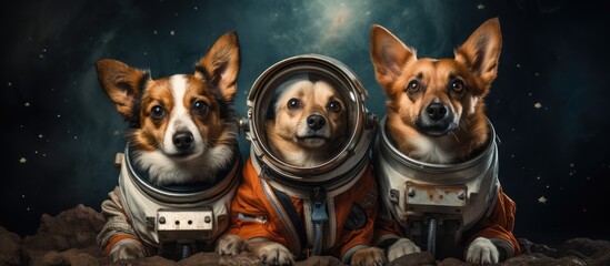 Concept of dogs wearing space suit and drawing on blackboard during first trip to space appearing...