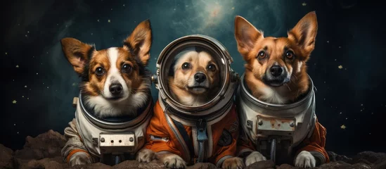 Photo sur Plexiglas Échelle de hauteur Concept of dogs wearing space suit and drawing on blackboard during first trip to space appearing adorable