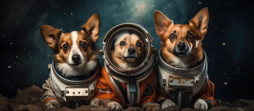 Concept of dogs wearing space suit and drawing on blackboard during first trip to space appearing adorable