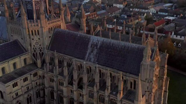 Aerial view Cathedral of Ely city in Cambridgeshire, England, UK. Famous travel destination and anglican churches .Traditional countryside house architecture background