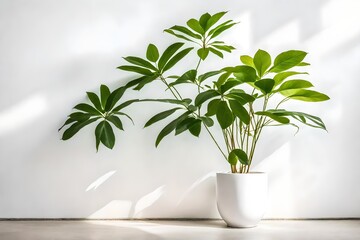 plant in the room, A large plant in a white pot with a green leafy plant in front of a white wall. 