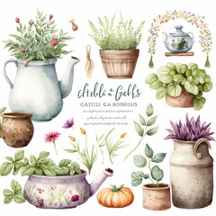 a cute boho farmhouse pottery collection on white background with margins watercolor vegetable garden  - obrazy, fototapety, plakaty
