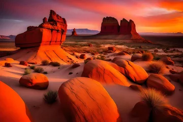 Fotobehang The desert landscape is bathed in the warm hues of sunset, and Ship Rock stands as a majestic sentinel against the fading light © SardarMuhammad