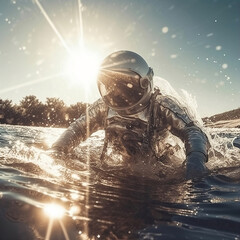 astronaut rides the nustang ripples and splash on surface
