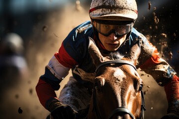 A jockey riding a horse in a horse racing  - obrazy, fototapety, plakaty