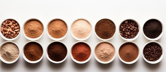 Various coffee grinds arranged flat on white background
