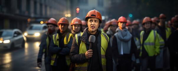 yellow vests construction worker man giving speech infront of tv camera or live labor union strike event for news tv media and press headlines standing in the street with crowds