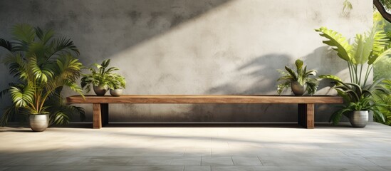 a tropical garden with sunlight and a tree against an empty concrete wall