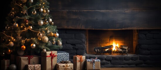 Concept of winter holidays with Christmas presents on wooden table decorated fir tree and fireplace - obrazy, fototapety, plakaty