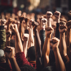 group of people with their hands up in the shape of a fist of different ethnicities - obrazy, fototapety, plakaty