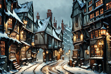 painting of a winter scene with a traditional old-fashioned english town street with snow covered medieval buildings with illuminated windows at twilight