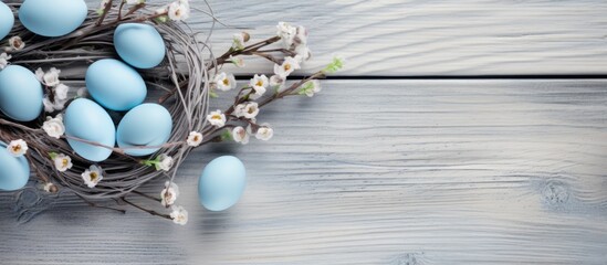 Pussy willow adorned blue Easter eggs on vintage planks Spring background for Easter wishes
