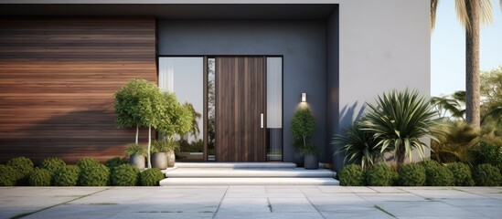 Modern design luxury house with a concrete wall and wooden front door Green grass lawn near the entrance Contemporary holiday villa illustrated in 3D - obrazy, fototapety, plakaty