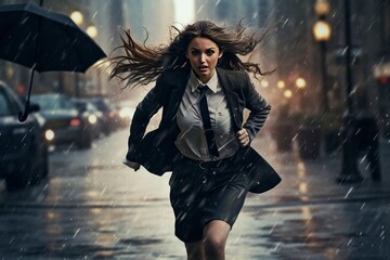 business woman running for street raining with an umbrella - obrazy, fototapety, plakaty