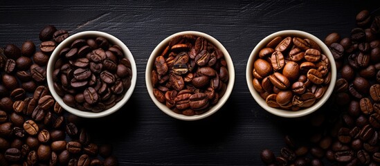 Different types of coffee beans photographed from above on a vintage background