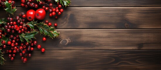 Brown wooden background with evergreen and red fruits for the new year