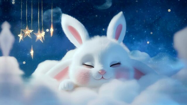 Lullaby For Babies video template looping rabbit bunny sleep on cloud, relax and nice dream on night 4k quality