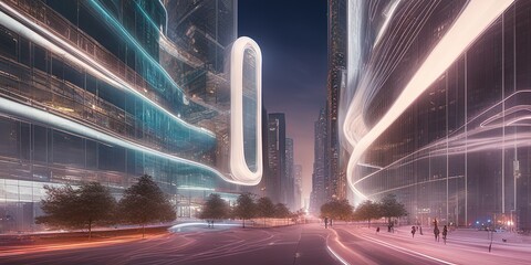 Ein futuristisches Stadtbild mit schwebenden Gebäuden und neonbeleuchteten Straßen.  - obrazy, fototapety, plakaty