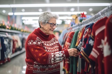 senior woman choosing christmas ugly sweater in a mall or supermarket. Happy old lady shopping christmas gifts. Smiling grandma buying presents to her family - obrazy, fototapety, plakaty