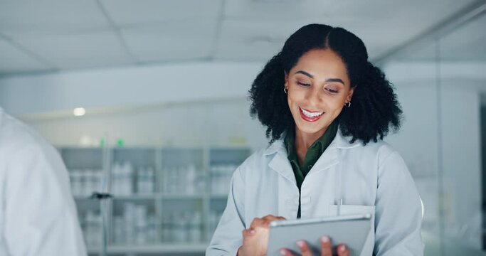 Scientist, teamwork and tablet for laboratory advice, medical research and funny discussion or night planning. Doctors, science people and mentor laughing on digital tech with healthcare conversation