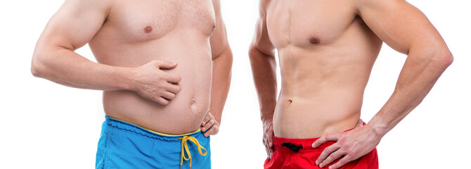 cropped photo of men with before fat after slim compare. photo of before fat after slim compare.