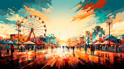 Impressionistic painting of a boardwalk and amusement park 