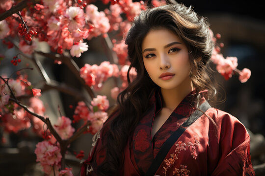 portrait of chinese young beautiful woman wearing traditional floral hanfu