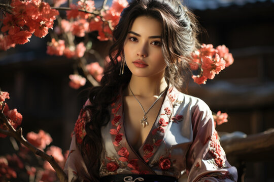 portrait of chinese young beautiful woman wearing traditional floral hanfu