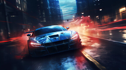 Fototapeta premium Car drifting action scene in the city at night concept art speed race , ai