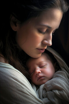 Generative AI illustration of side view of crop calm young woman embracing and caressing adorable baby against dark background