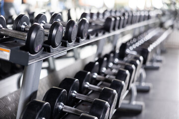 Rows of dumbbells for free weight training on rack in gym, closeup view with selective focus. Modern sports equipment for for beginners and professional athletes