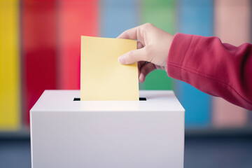 Generative AI illustration of crop anonymous person putting the vote in ballot box against colorful blurred background