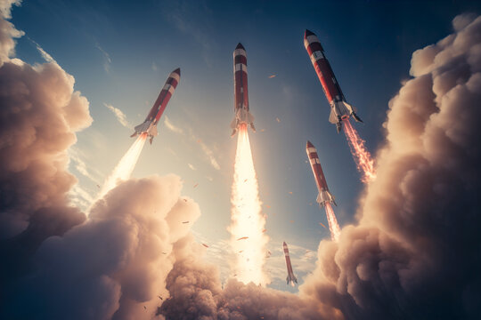 Generative AI illustration from below of rocket spaceship taking off with burning flames and smoke from surface ground of planet against cloudy blue sky