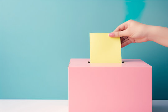 Generative AI illustration of crop anonymous woman putting the vote in ballot box against blue background